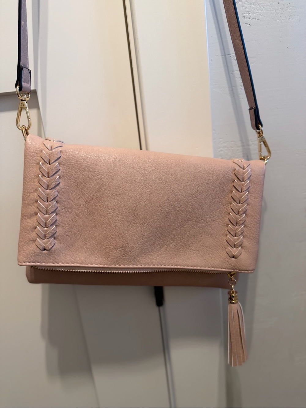 Blush Pink Women's Crossbody Foldover Bag with Tassel